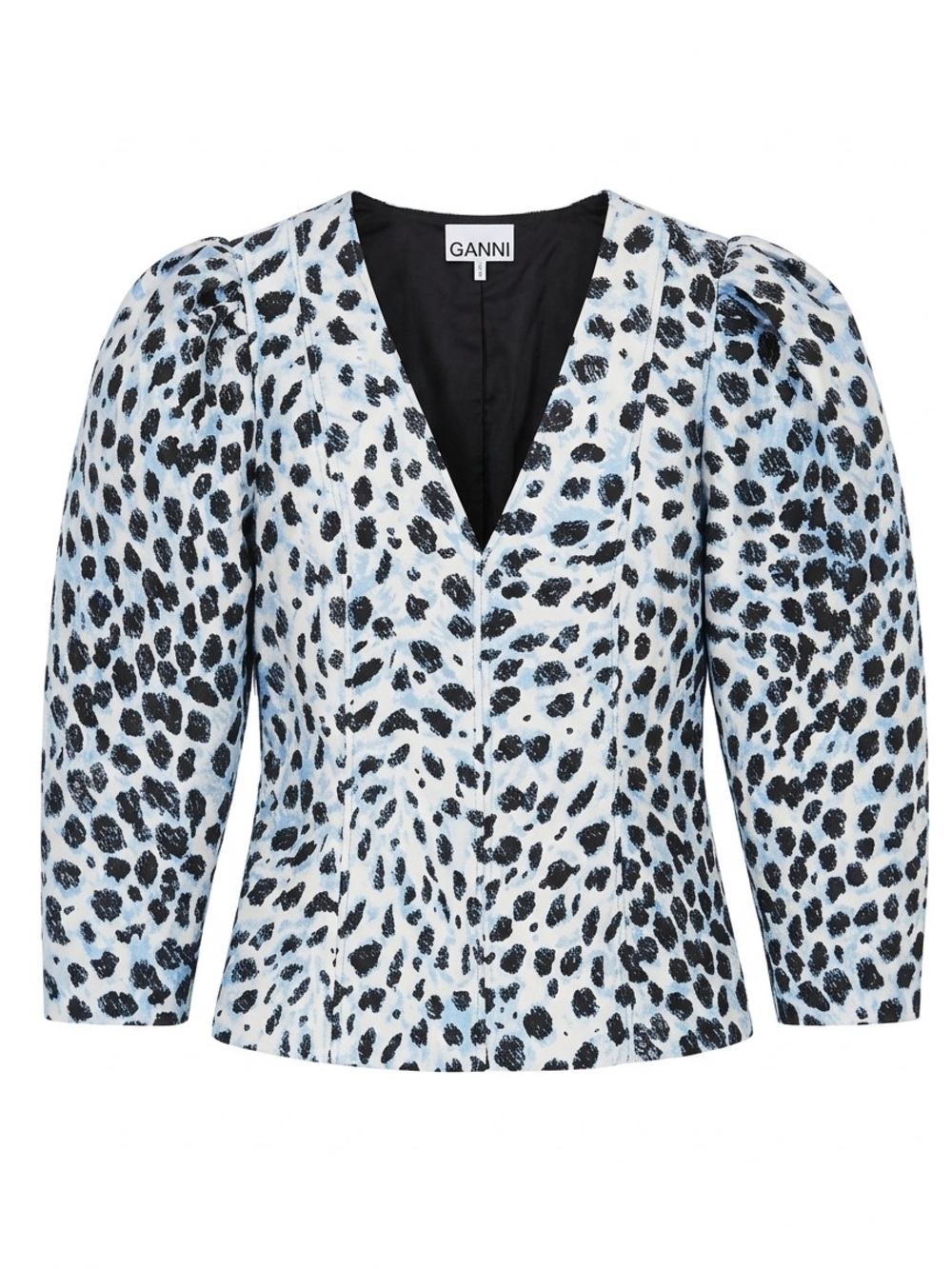 Ganni Blue and Black Leopard-Print V Neck Jacket